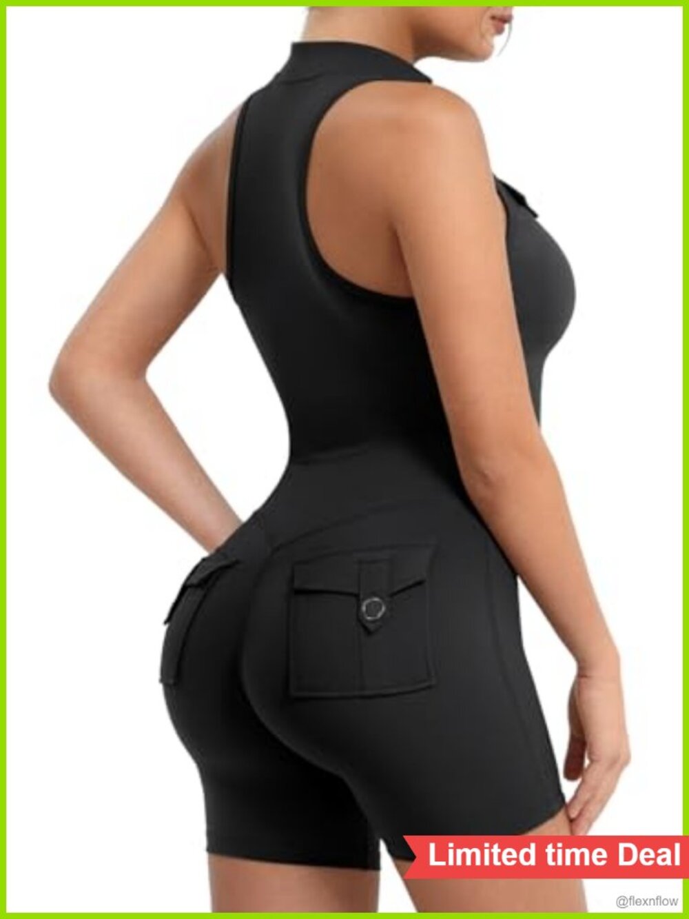 Sleeveless Workout Jumpsuit Zip Up Back Scrunch Gym Romper with Pockets